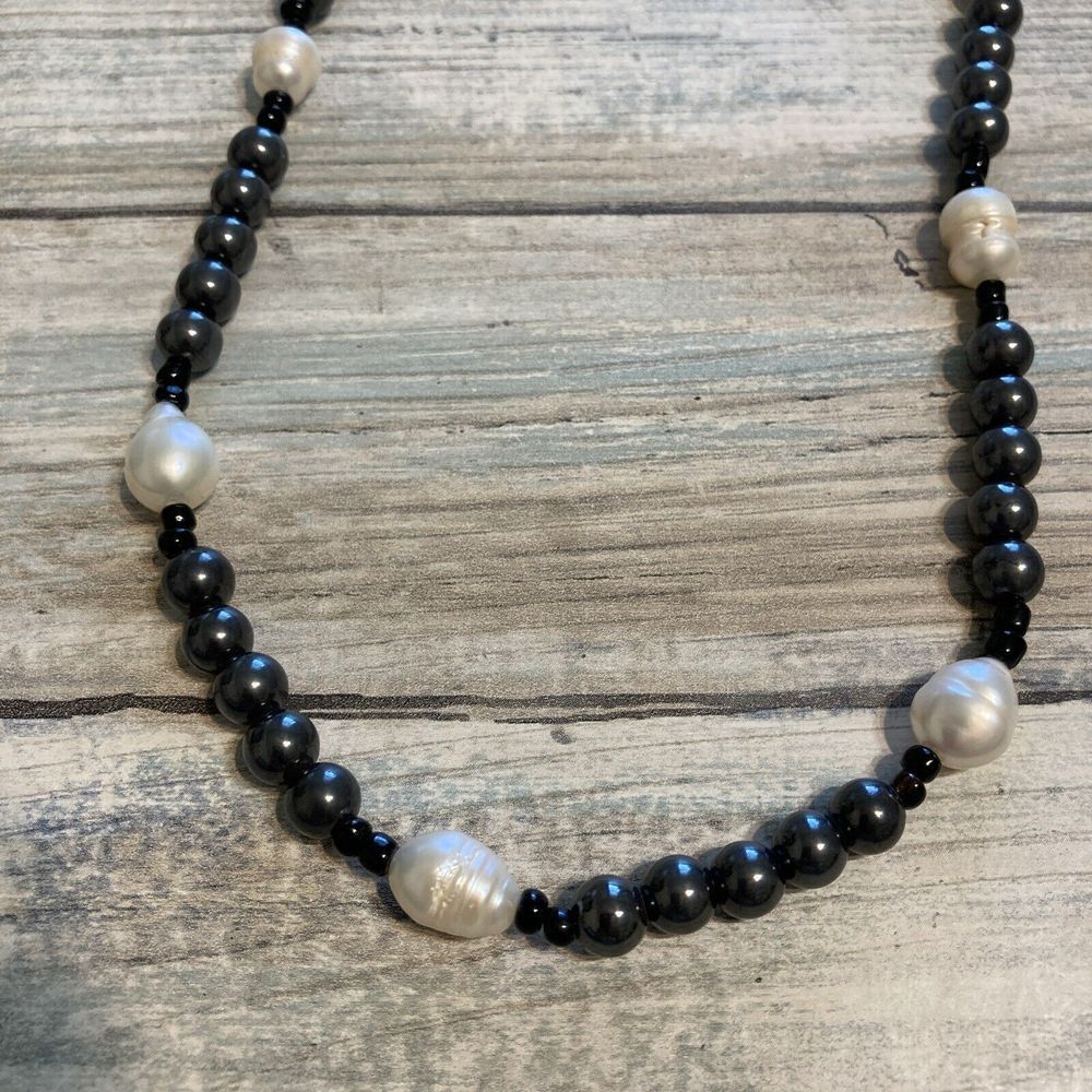 Black Spinel Beads Potato Pearls Necklace 25" Barrel Clasp Estate